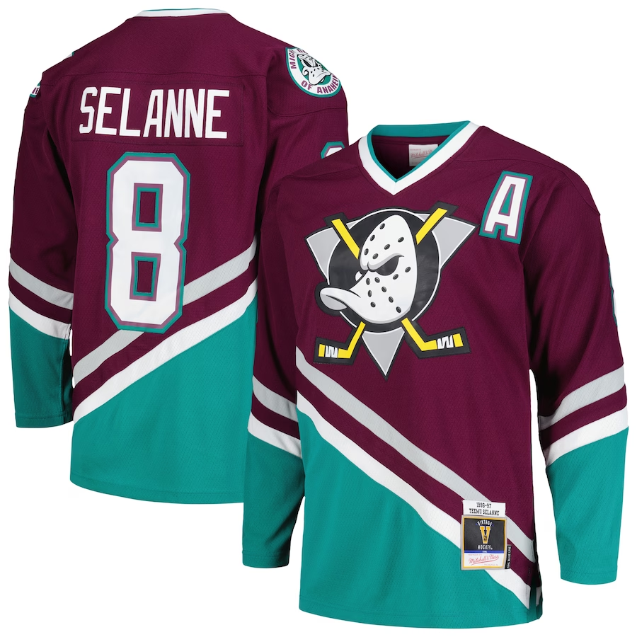 Men's Anaheim Ducks Teemu Selanne Mitchell #8 Ness Purple 1996/97 Alternate Captain Patch Blue Line Jersey